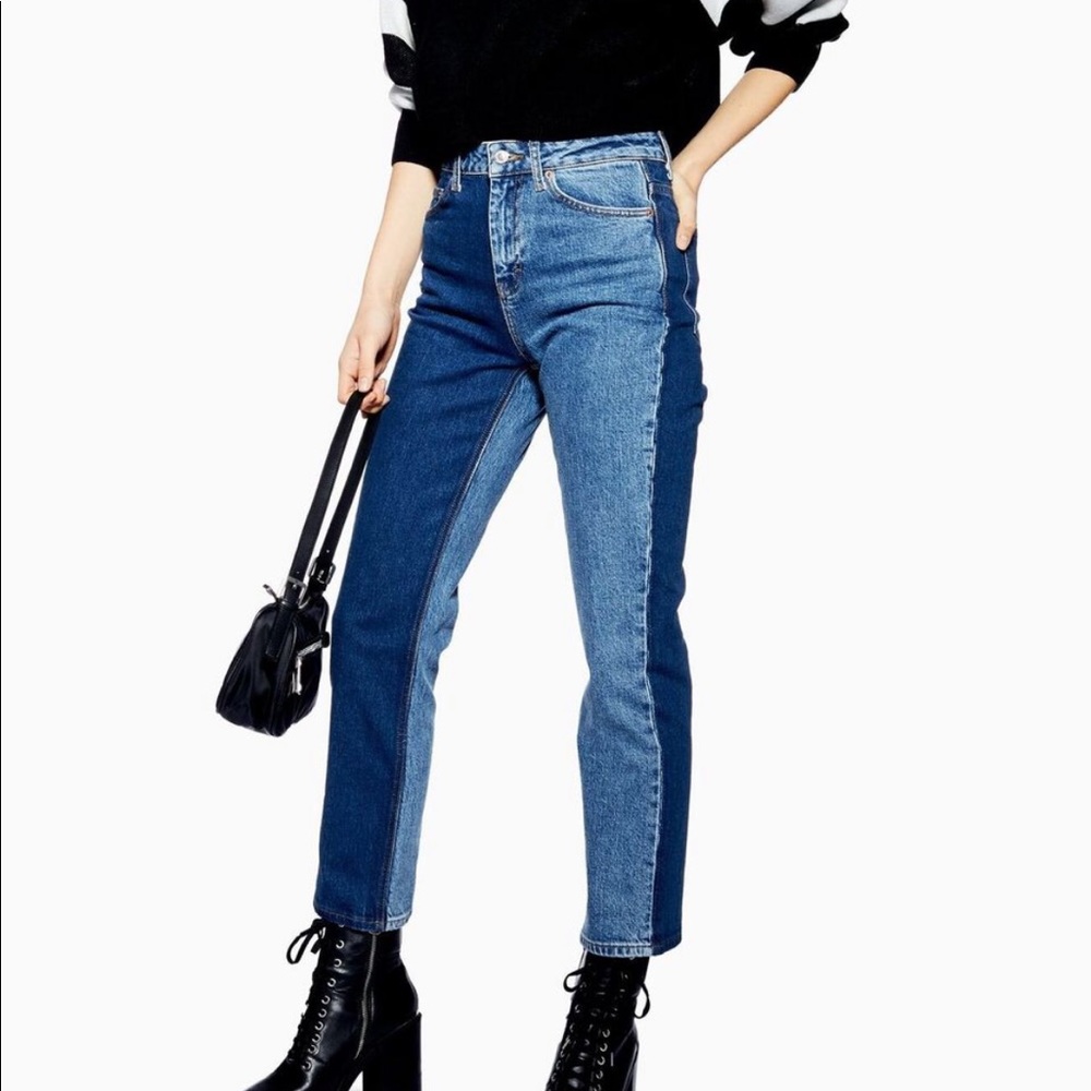 Blue Colour Block Straight Leg Jeans